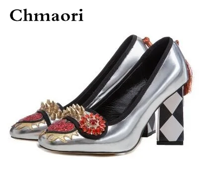 

Spring New Women Brand Purple Sliver Gold Patchwork Tassel On Heel Pearls Rivets Slip On 100 mm Embellished Mirror Leather Pumps