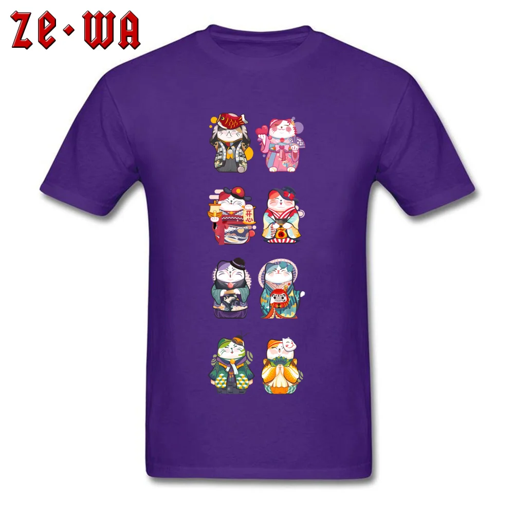 cat maneki neko cartoon Tops Shirt Fashionable Round Neck Street Short Sleeve 100% Cotton Men Tshirts comfortable T Shirts cat maneki neko cartoon purple