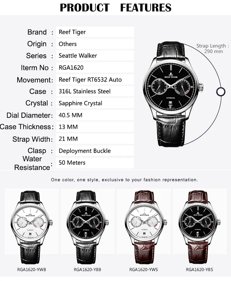 Reef Tiger/RT Elegant Business Mens Watches Perpetual Calendar Power Reserve Small Seconds Automatic Watches RGA1620
