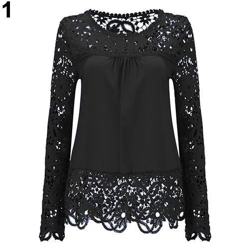

Women Fashion Lace Long Sleeve shirt Sexy See-through Crochet Blouse Top