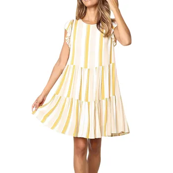

KLV 2019 Womens Summer Casual Natural Striped Printing Sleeveless Sling Ruffle Midi Dress free shipping D4