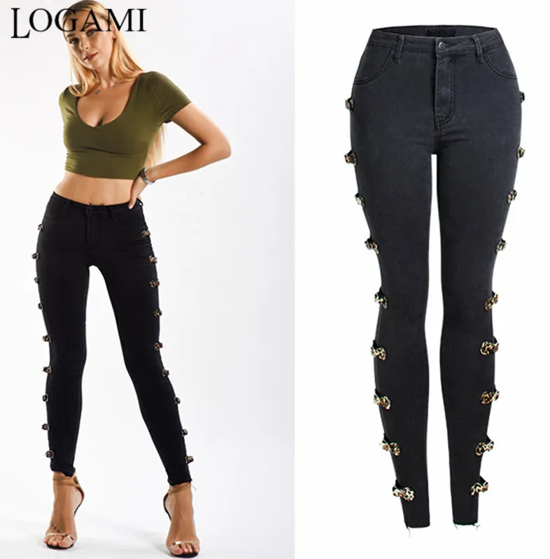 

LOGAMI Side Button Skinny Jeans Woman Black Elstic Slim Denim Pants Women Casual Jeans Plus Size 4XL