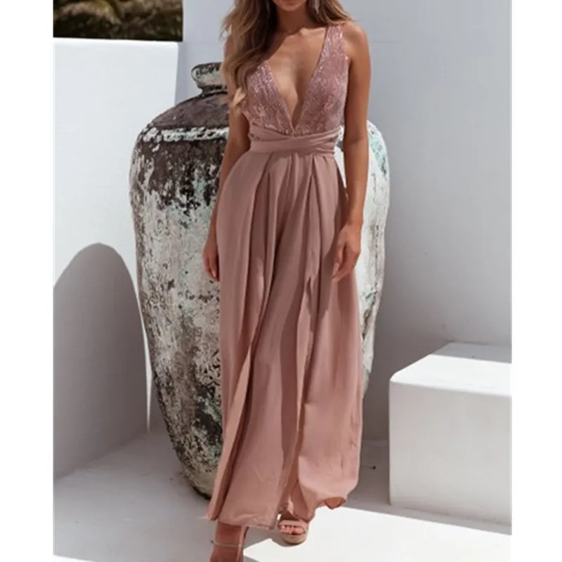 

New Women Deep V Neck Wide Leg Jumpsuit Ladies V Neck Backless Playsuit Hollow Out Summer Sleeveless Long Trousers Jumpsuit