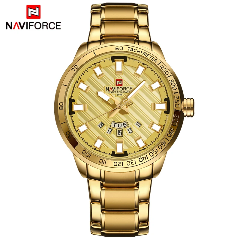 Acheter NAVIFORCE marque de luxe hommes en acier inoxydable montre en or pour hommes horloge à Quartz homme sport étanche montres relogio masculino