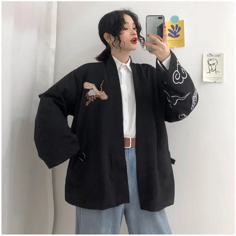 Woherb кимоно пальто для женщин Harajuku куртка с вышивкой животных черные пальто кардиган для девушек размера плюс верхняя одежда 20888