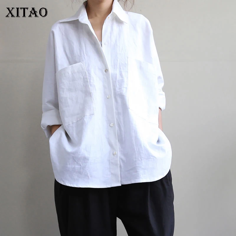 

[XITAO] Loose Women 2019 Spring Summer New Turn-down Collar Full Sleeve Blouse Female Solid Color Pocket Casual Shirt ZLL3173