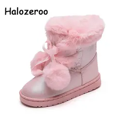 Halozeroo зимние для маленьких девочек с бантом зимние сапоги детские меховые сапоги Марка детей из искусственной кожи теплая обувь для