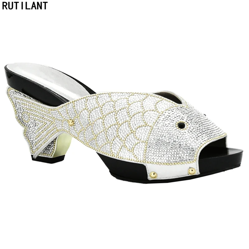

Sliver African Shoes for Women Larges Size Shoes Women Open Toe Slip on Sexy Ladies Shoes Party Wedding Low Heels Women Pumps