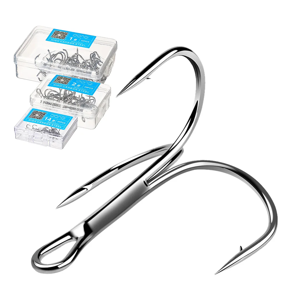 DONQL 20pcs/ Set Treble Fishing Hooks Carbon Steel Barbed Fishhooks Super Sharp Triple Hooks Sea Tackle Accessories with Box