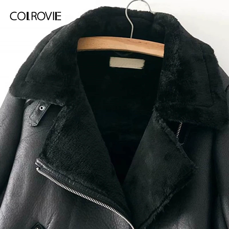 Женская куртка из пу кожи COLROVIE черная байкерская с карманами на молнии и поясом