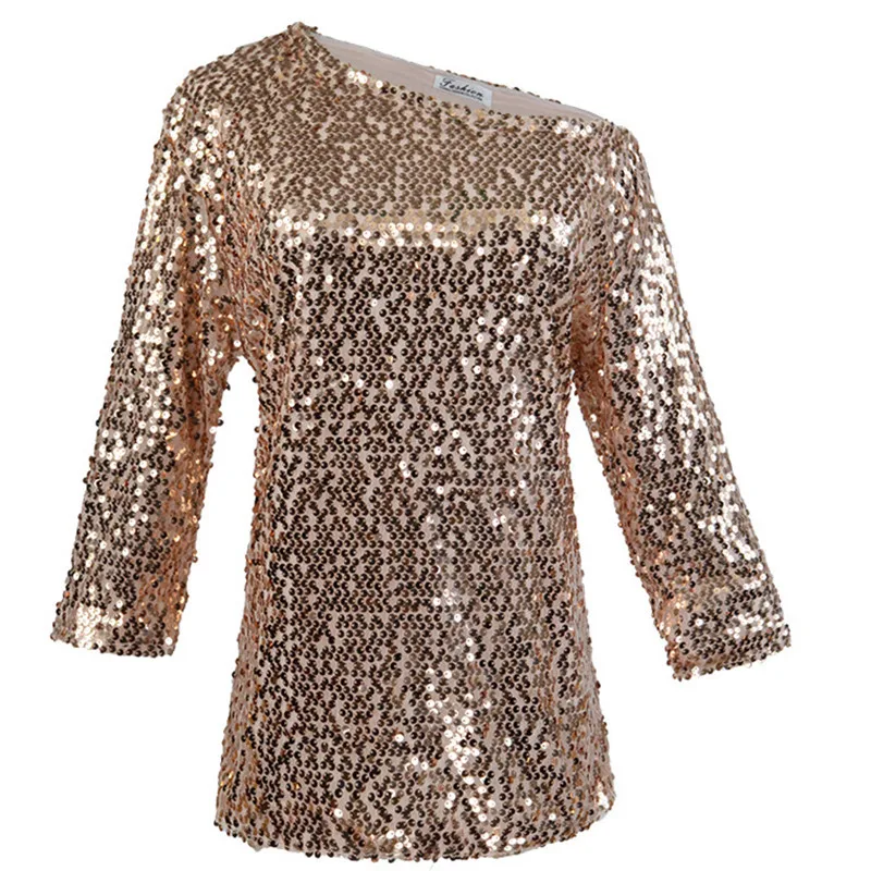 

2019 fashion Sequined T-shirt woman shiny tops off-shoulder Sexy Slim Loose Shirt Top Glistening Sequin T-shirt Tshirts Tees