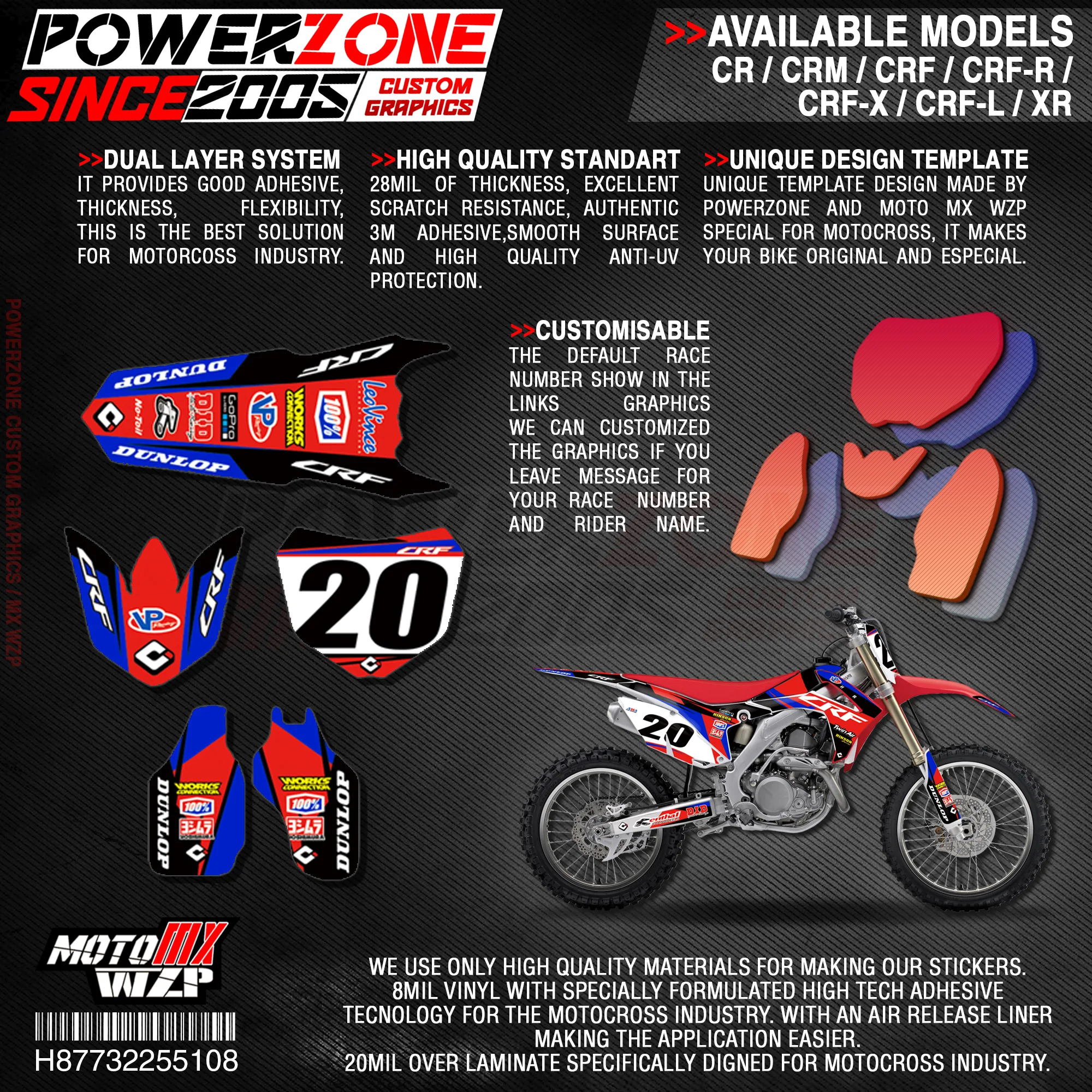 PowerZone на заказ футбольной команды Графика Фоны наклейки 3m Набор наклеек для HONDA CRF250R- CRF450R 2013- 108