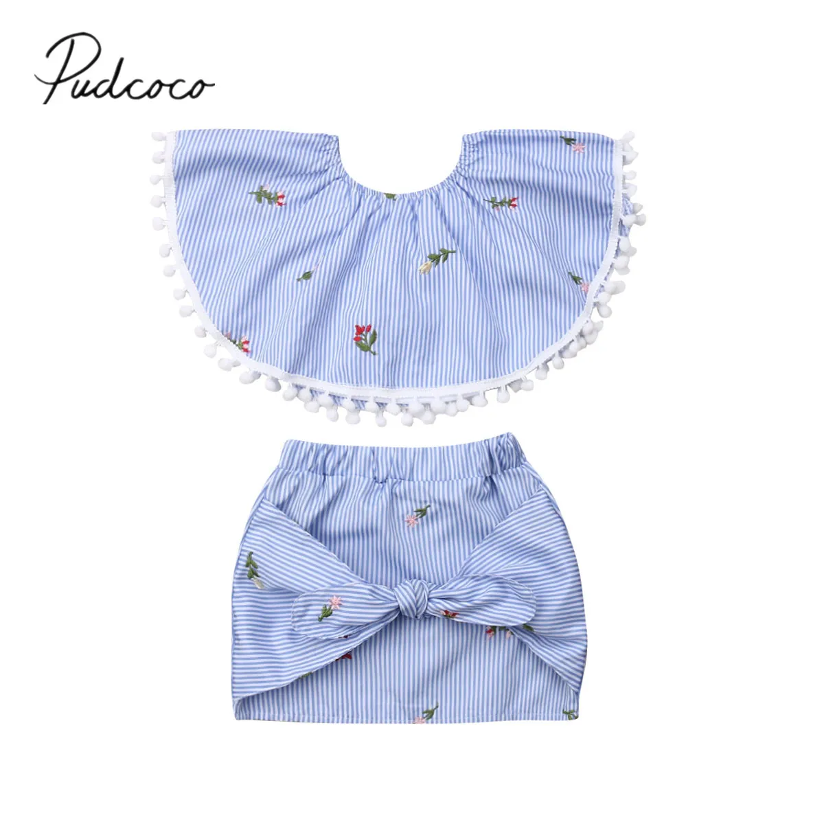 

2019 Baby Summer Clothing Sunsuit Newborn Kids Baby Girl Floral Stripe Crops Tops Shirts Bowknot Skirt 2Pcs Outfits Clothes 1-6Y