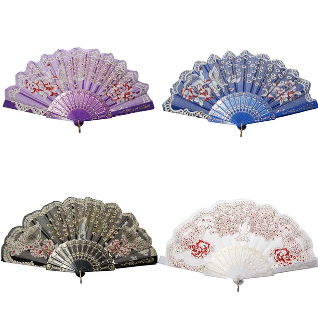 Best Price KiWarm Pretty Peacock Design Ladies Hand Held Folding Fan Fabric Party Wedding Prom Dance Hand Fan Wedding Home Decor Art Crafts