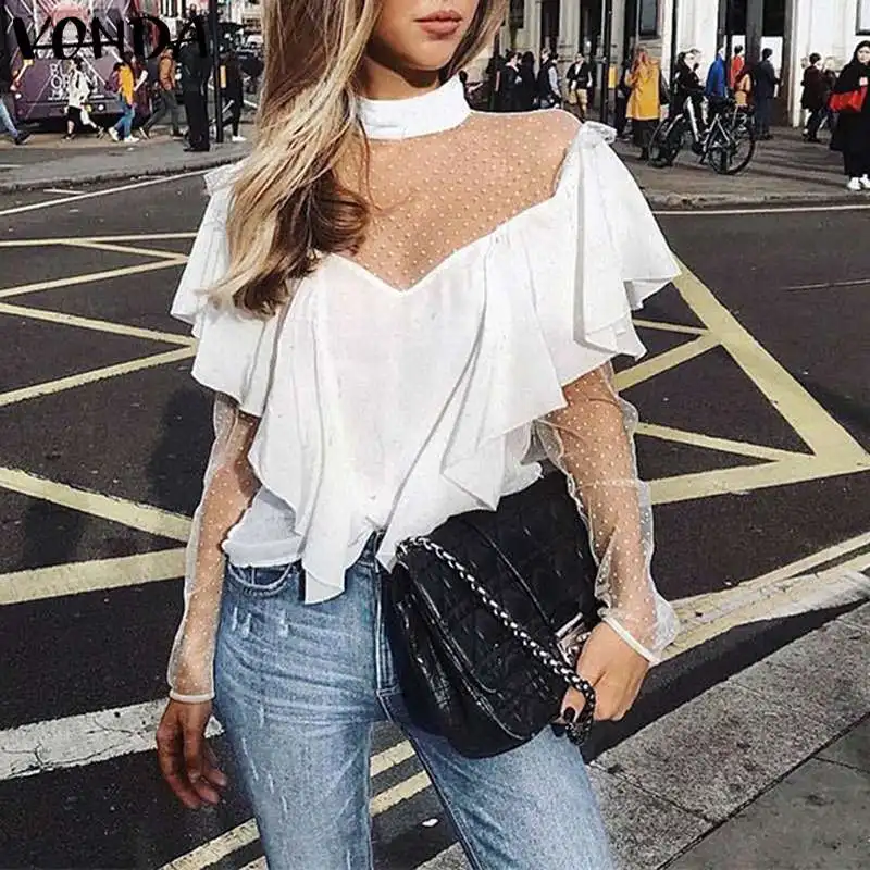 

VONDA Lace Blouse Women Sexy Club Shirts Casual Patchwork Dot Print Shirt 2019 Female Autumn Long Sleeve Blusas Plus Size Tops