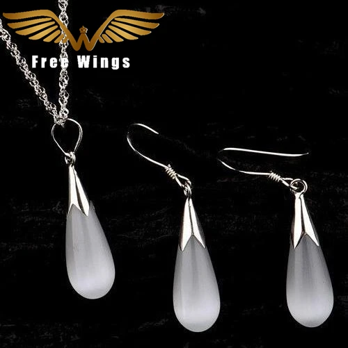 

Silver Plated Water Drop Jewelry Cat's Eye Stone Necklaces And Earrings Sets Plating Ensembles De Bijoux CS54 B13