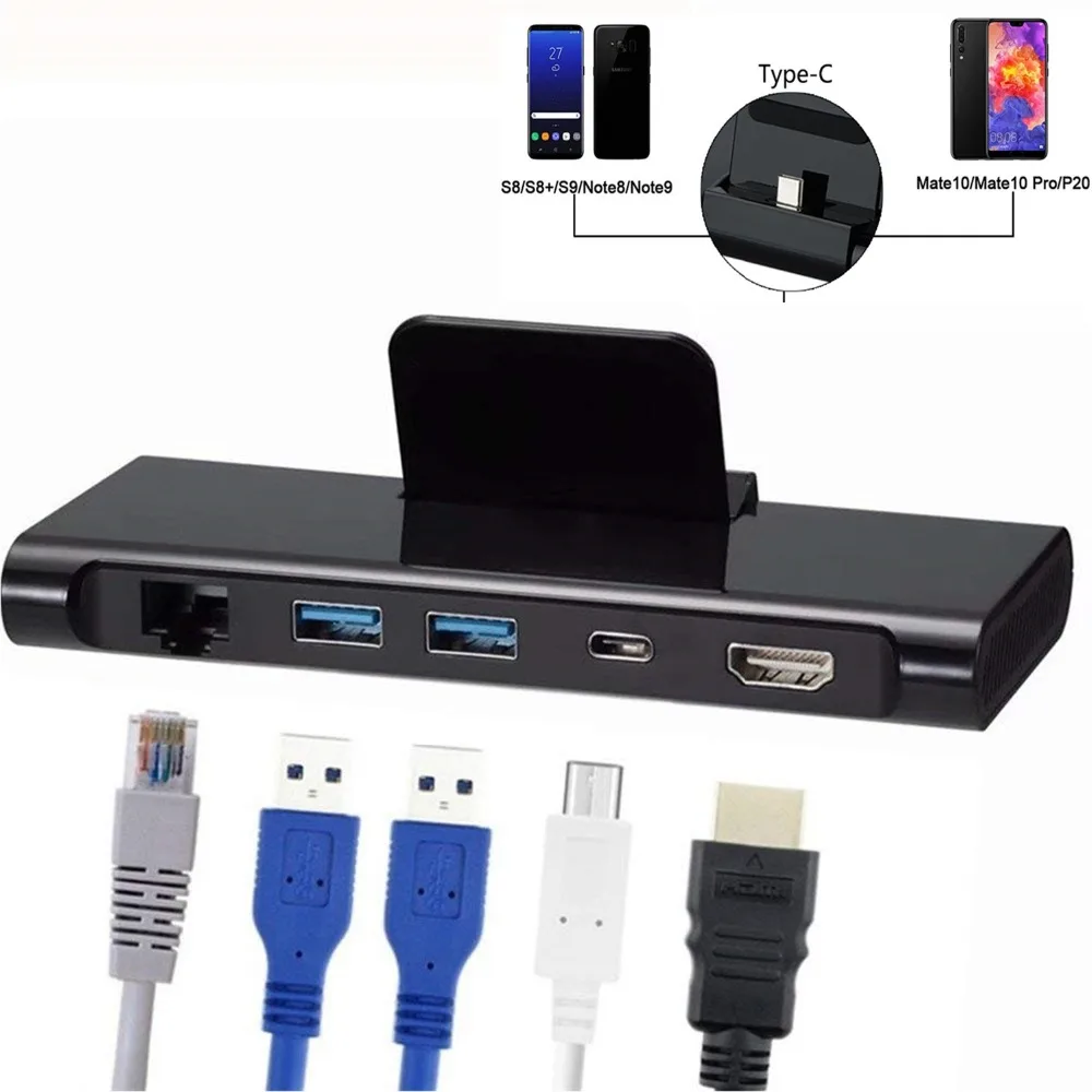 

5 in 1 Type C USB 3.1 to HDMI 4K + 1000M Lan + 2 USB 3.0 + Type C PD Charging Desktop Dock Station Hub for Macbook Samsung S8