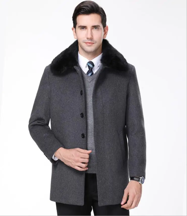 Осенне-зимнее мужское шерстяное плотное пальто синий серый бархатный шерстяной Тренч длинное однобортное пальто с меховым воротником