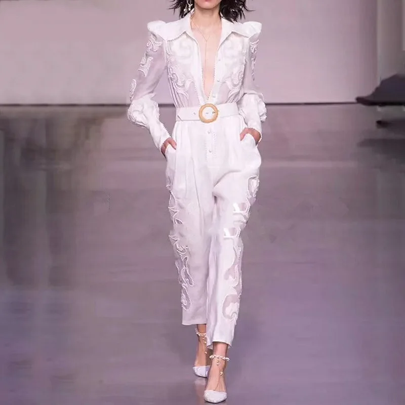 

Brand New European American Handsome Design Women Solid Color Casual Jumpsuits Embroidery Hollow Out Jumpsuits