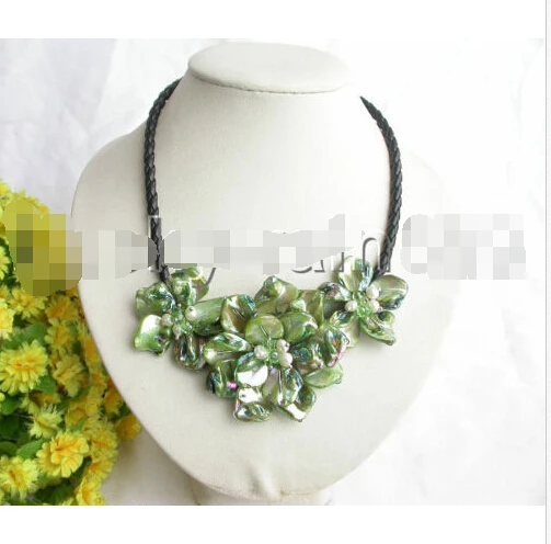 

FREE SHIPPING *****handmade Choker green shell flower white pearls leather necklace e128