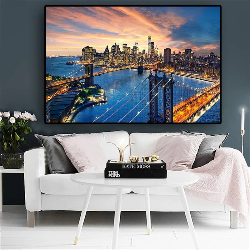 

New York City Brooklyn Bridge Manhattan Sunset Canvas Painting Posters and Prints Scandinavian Wall Art Picture for Living Room