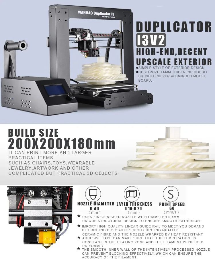 WANHAO 3d принтер i3 V2.1, DIY настольный 3d принтер, со встроенным размером 200*200*180 мм, Бесплатная нить, SD карта и ЖК-дисплей в подарок