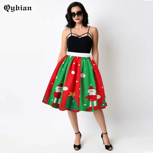 Qybian 2017 Womens Christmas Skirt High Waist Mini Skirt Santa Claus