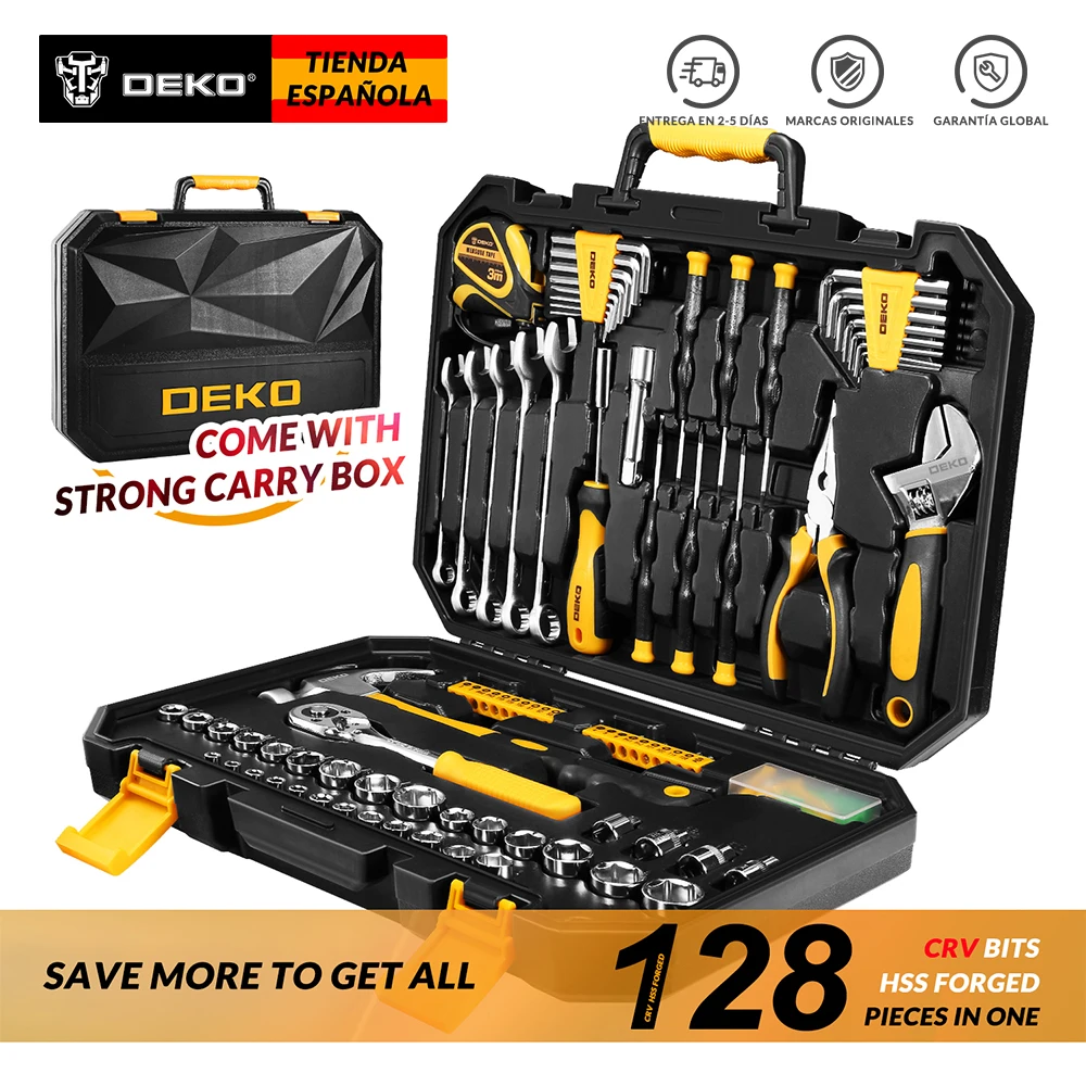  DEKO 128 Pcs Hand Tool Set General Household Hand Tool Kit with Plastic Toolbox Storage Case Socket