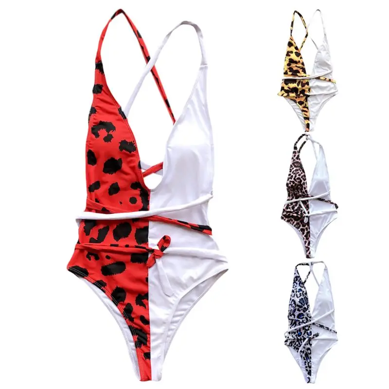 

Women Sexy Bikini Halter Deep V-Neck Monokini Retro Leopard Printed Block Patchwork Swimsuit Cross Bandage Backless Beachwear
