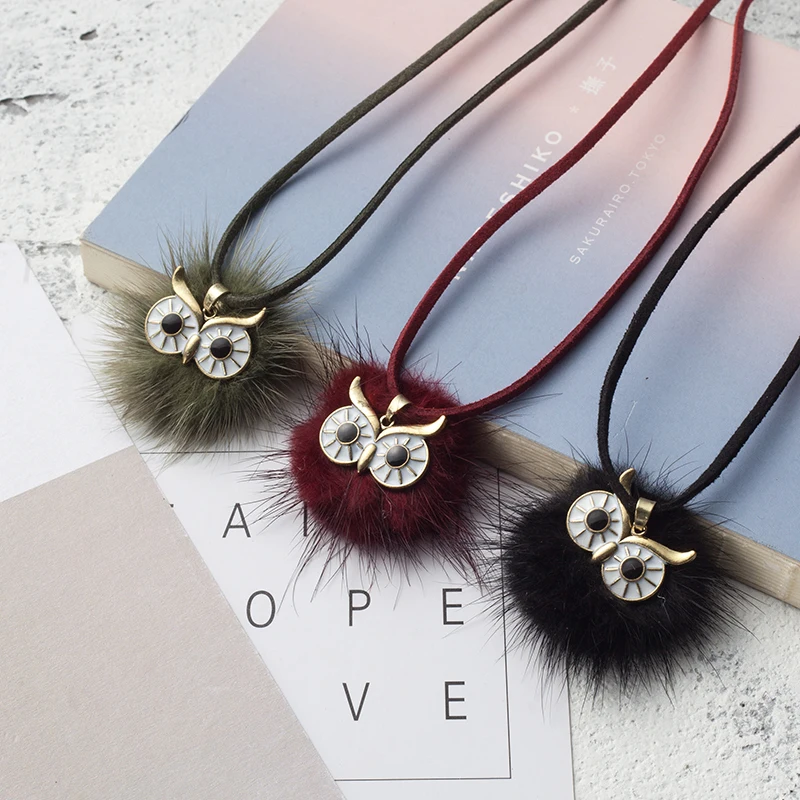 

Long Leather Rope Chain Fur Pompom Owl Pendant Necklace for Women Girls Winter Sweater Chain Choker Jewelry Accessories
