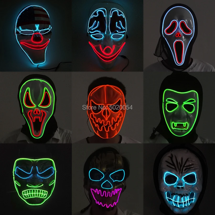 

9 Design Ghost Cosplay EL Wire Mask Joker Clown Light Up Mask Horror Halloween LED Masks Powered by DC-3V Controller