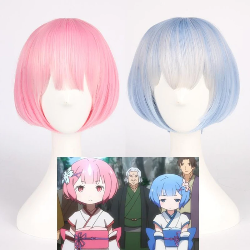 Re:Life In A Different World From Zero Rem Ram Short Bob Pink Blue Cosplay Wig 
