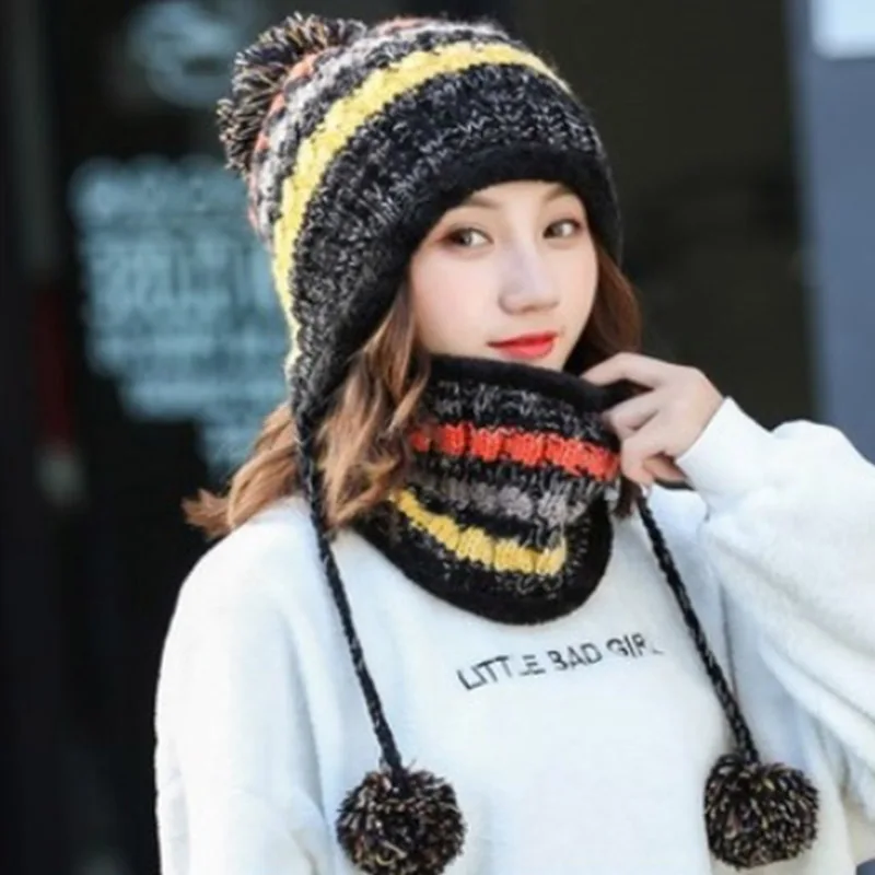 MAERSHEI 2020 winter hat female knit plus velvet thickening wild hair ball cap collar set Korean version of the warm contrast co 5