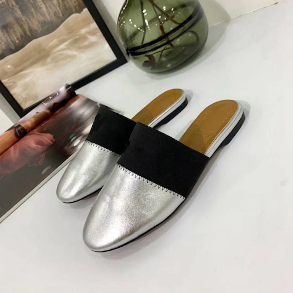 Women's Shoes Covered Toe Mules Genuine Leather Loafers Round Toe Casual Shoes Top Quality Slippers Outdoor Ladies Shoes