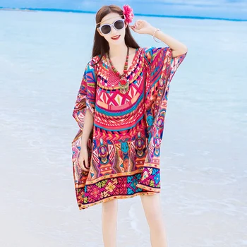 

Summer New Women's Loose Print Batwing Sleeve Chiffon Dress Bohemian Leisure Seaside Resort Beach Dress Women Party Dresses