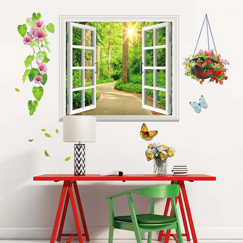 Fake Window Scenery Wall Sticker Forest Tree Flower Landscape