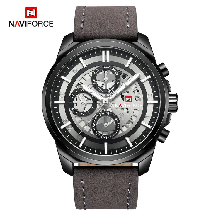 NAVIFORCE, повседневные спортивные часы для мужчин, Лидирующий бренд, роскошный кожаный ремешок, кварцевые мужские часы, отображение даты, недели, Модные Военные часы - Цвет: DARK BN BLACK