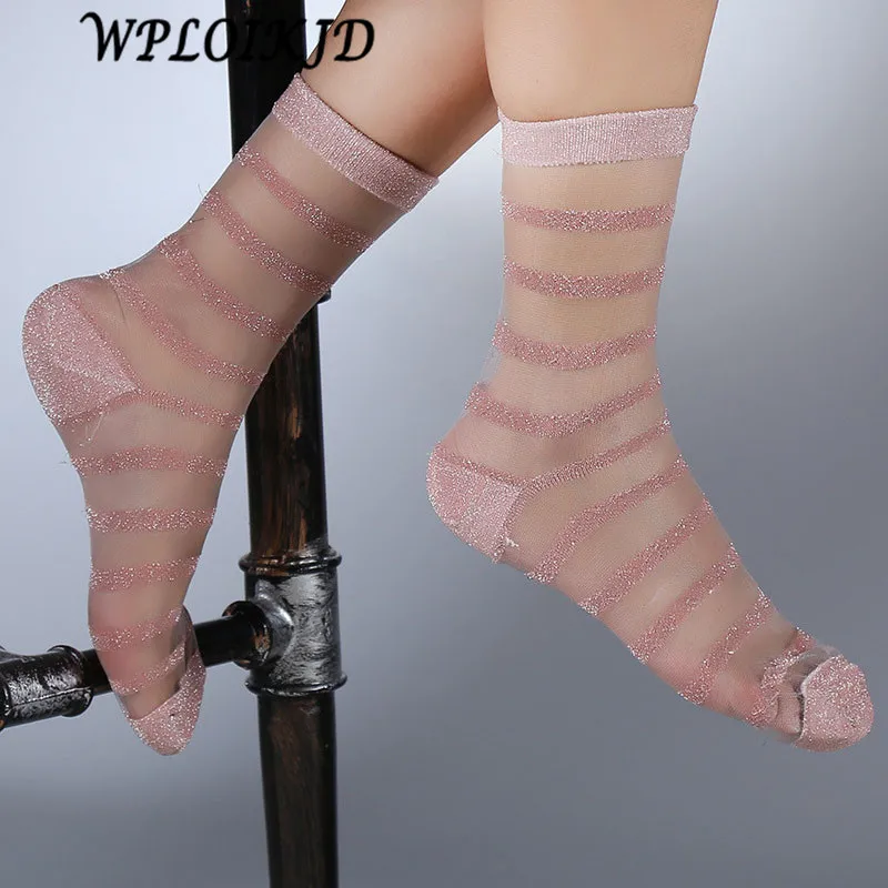 [WPLOIKJD] Креативные ультратонкие прозрачные блестящие полосатые блестящие носки для женщин; кружевные носки принцессы; Meias Sox Calcetines Mujer