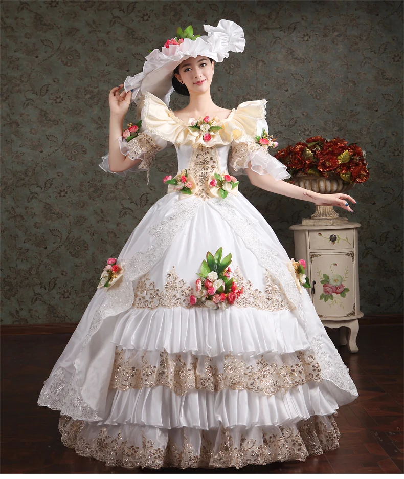 100 real wit ruche champagne borduur carnaval baljurk met hatmedieval