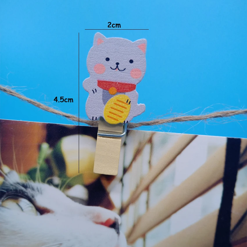 10 шт./лот Lucky Cat деревянные зажимы мини фото бумага ремесло клип Школьные украшения канцелярские принадлежности с пеньковой веревкой