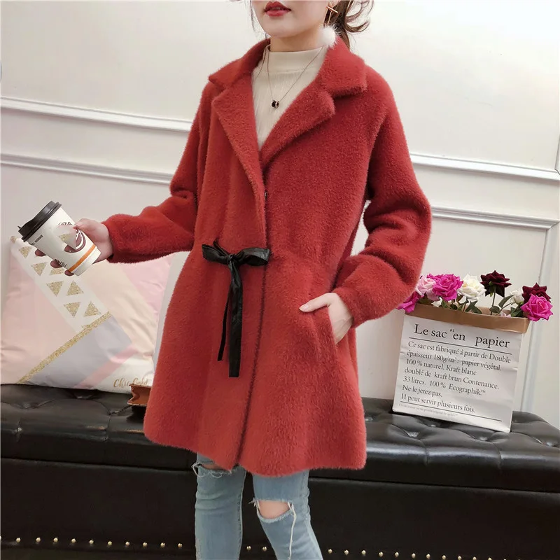Femmes C45 Survêtement rouge jaune Hiver Vison Moyen Sashe rose 2018 Lâche Femme Beige Nouveau Veste Fourrure Mode Automne Faux Mince Lapin De Manteau bleu pourpre Long HtWWnqpwA