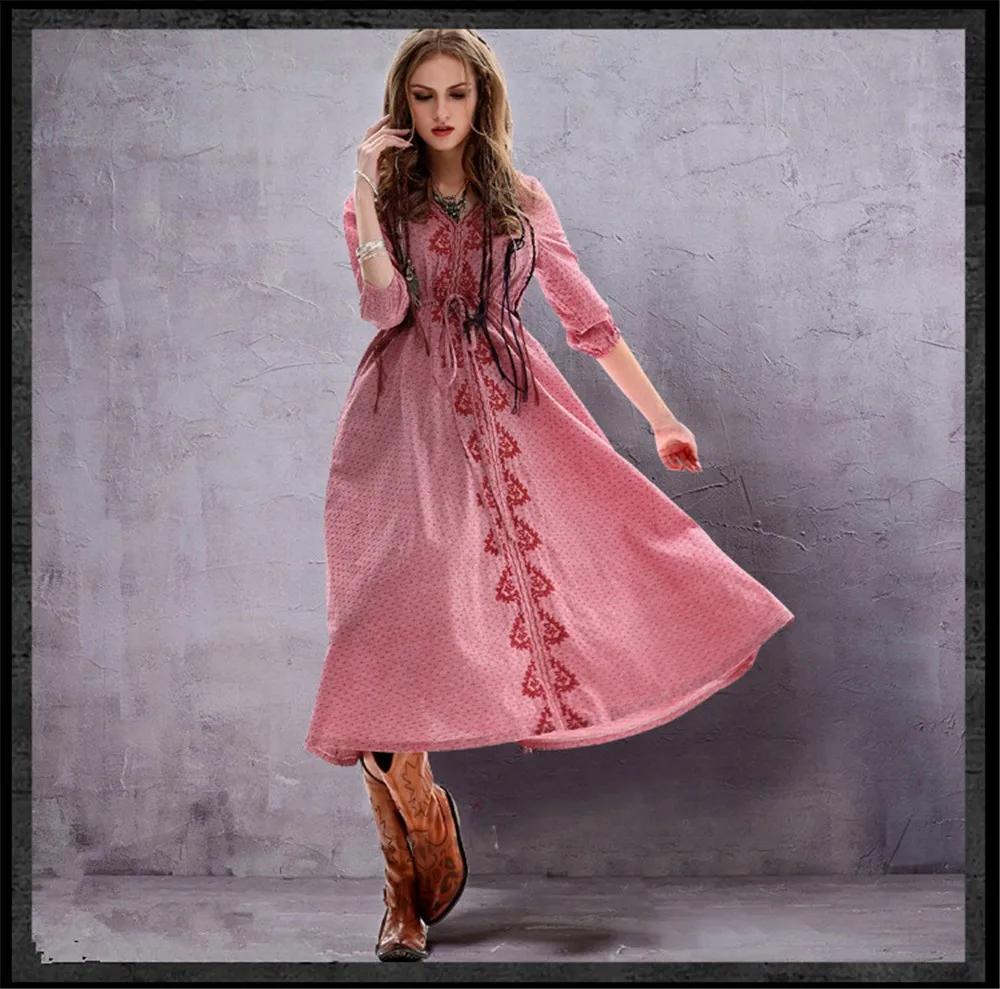Vintage Elegant Women Dress Tunic Cotton Linen Dress Women V-Neck Flower Embroidery Dresses Vestidos Femininos Vintage Dresses (8)