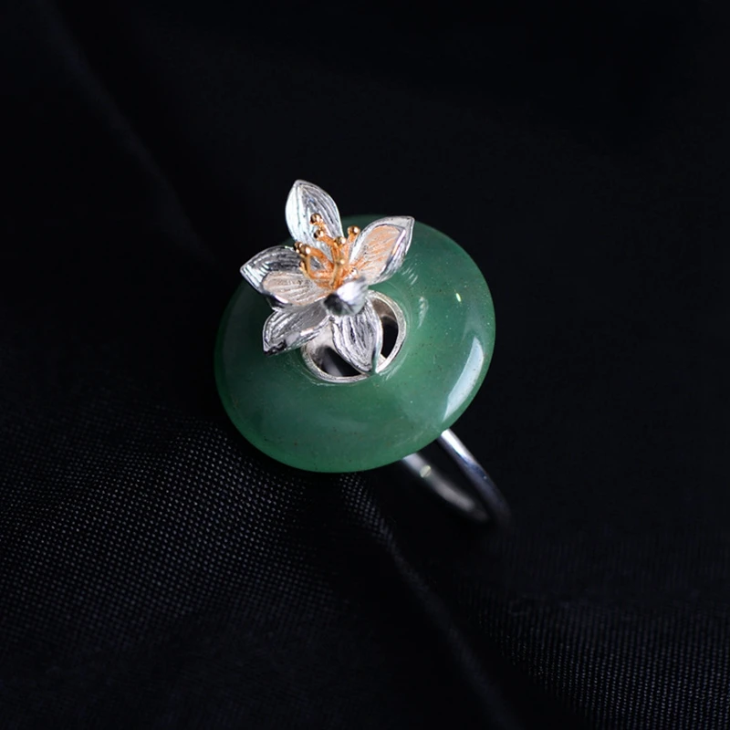 

925 sterling silver natural jade open rings silver flower natural DongLing green jade adjustable rings for women fine jewelry