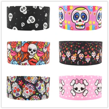 

Q&N 16mm 22mm 25mm 38mm 50mm 75mm skull cartoon printed grosgrain/FOE Ribbons Handmade DIY Headwear Accessories Wedding Gift
