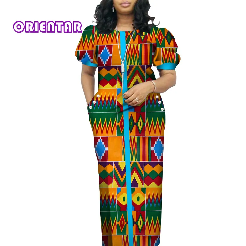 Элегантное женское платье в африканском стиле с круглым вырезом и короткими рукавами-буфами, Длинные Макси платья в африканском стиле Bazin
