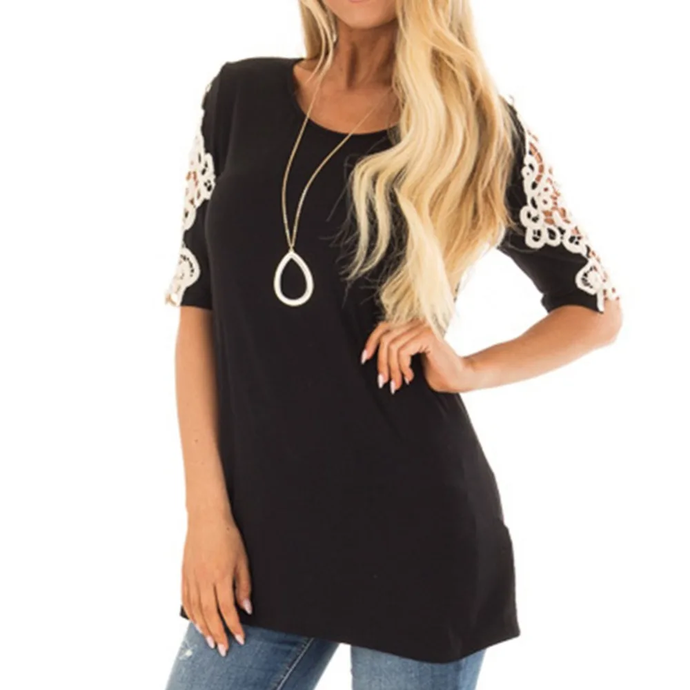 

New Arrival Womens Shirts Casual T-shirt Round Neck Lace Short Sleeve Loose Tops Lace stitching Hollow T-shirt