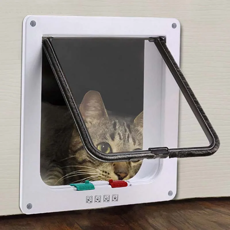 Funny Plastic 4 Ways Lockable Cat Dog Door Security Flap Gate Pet