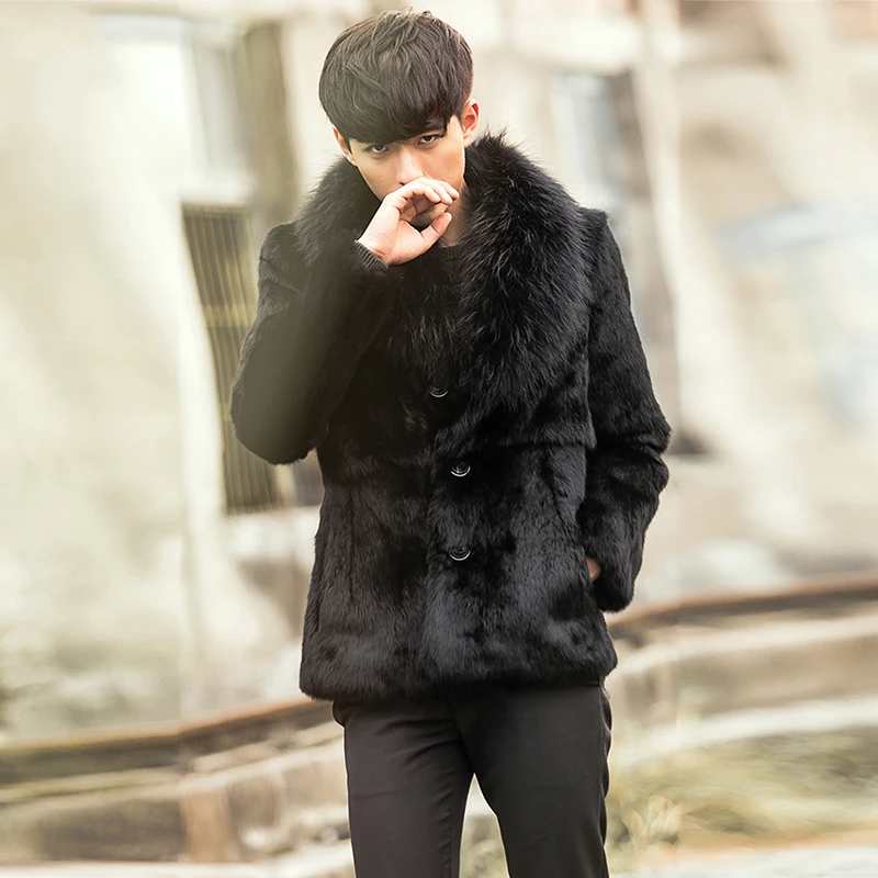 FURSARCAR Новая черная короткая куртка с мехом кролика рекс с воротником из лисьего меха для мужчин модное натуральное зимнее меховое толстое теплое пальто