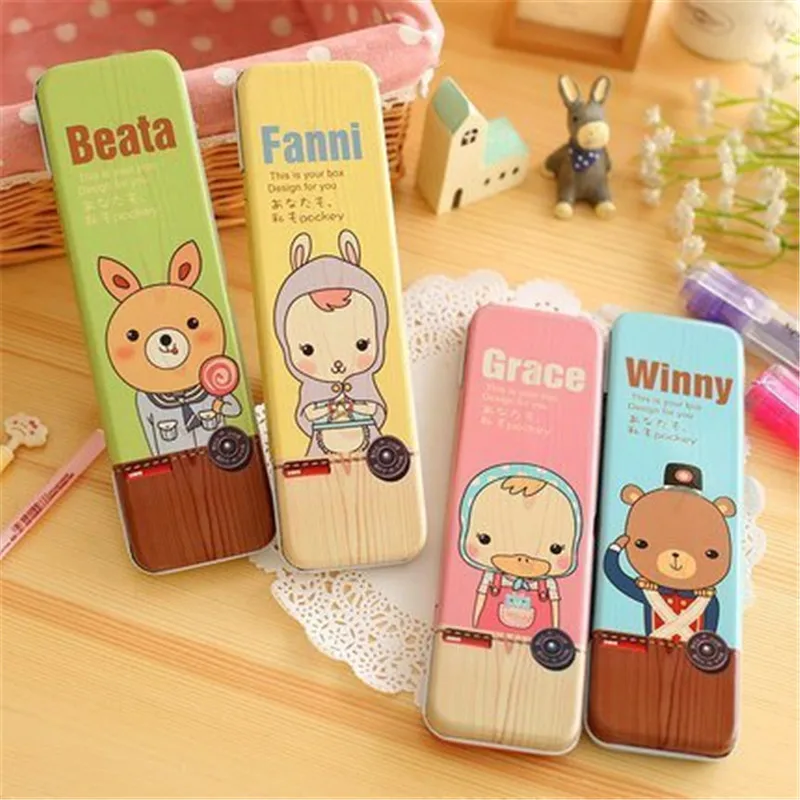 

1pcs kawaii Korean version of the cartoon animal tin pencil case long strip pencil boxs tin box cartoon pen bag school supplies