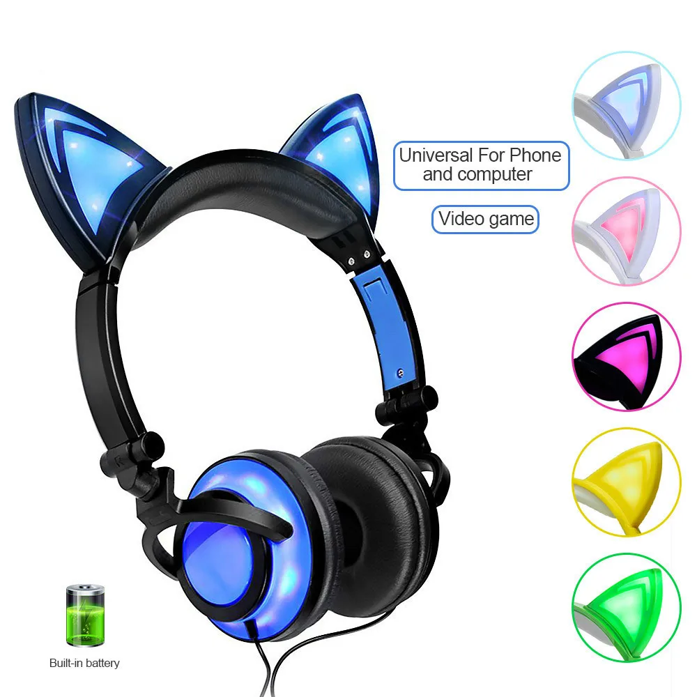 Foldable Flashing Cat Ear Kids Headphones Gaming Headset Earphone With LED Light Earphone For PC Computer Mobile Phone